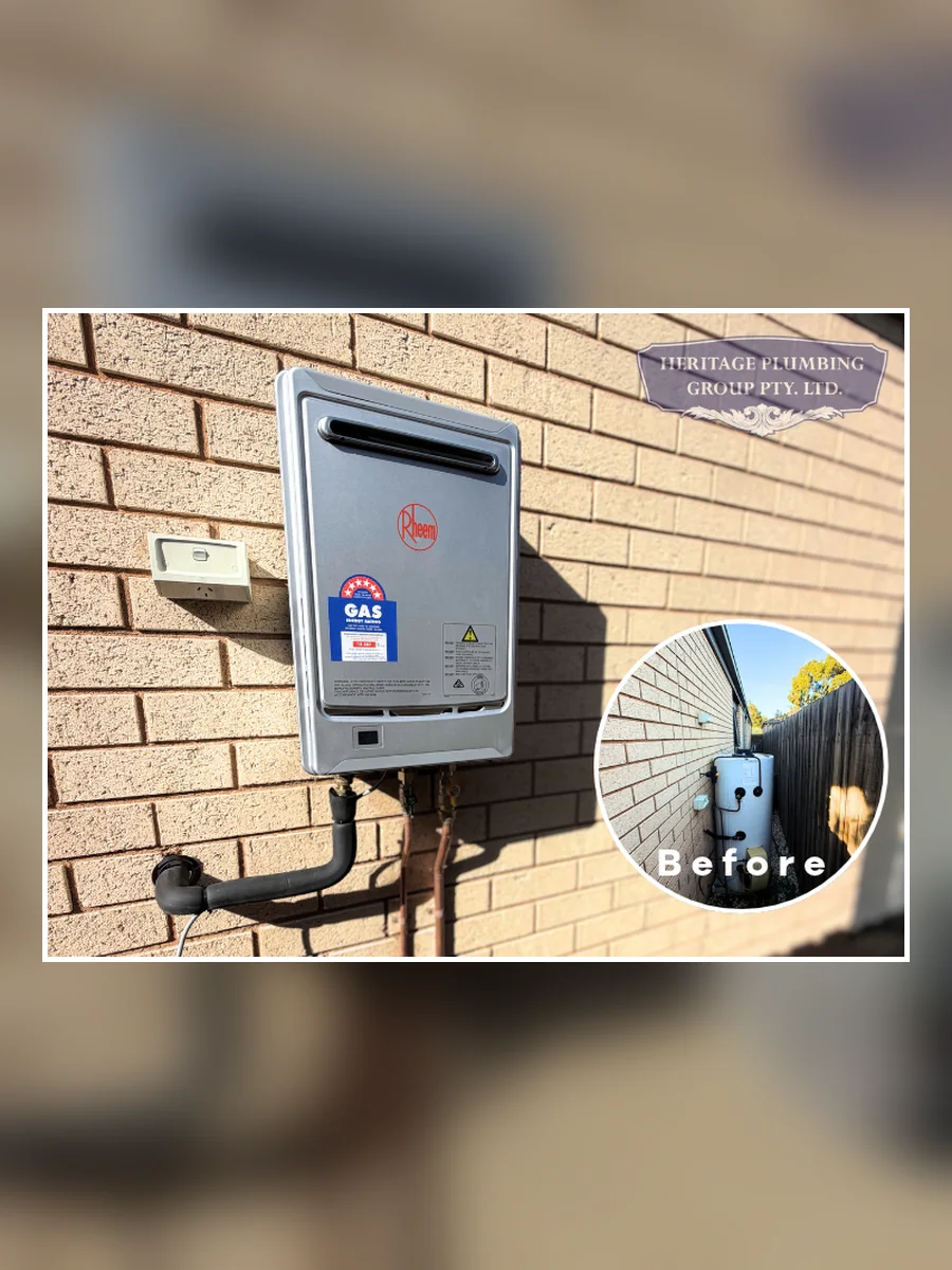 Rheem gas hot water system installed by Heritage Plumbing Group after replacing the previous unit