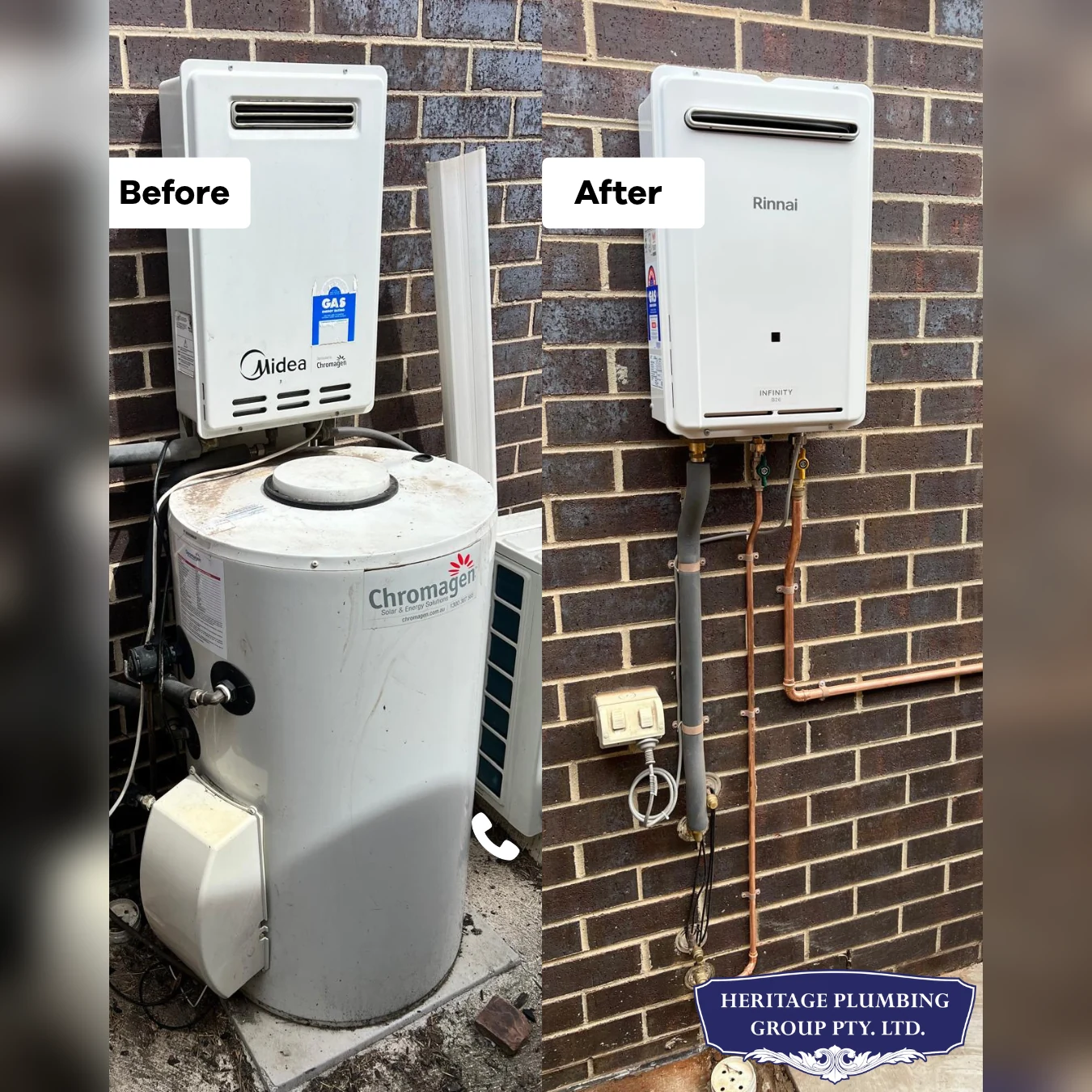 Before and after hot water system replacement completed by Heritage Plumbing Group in Melbourne